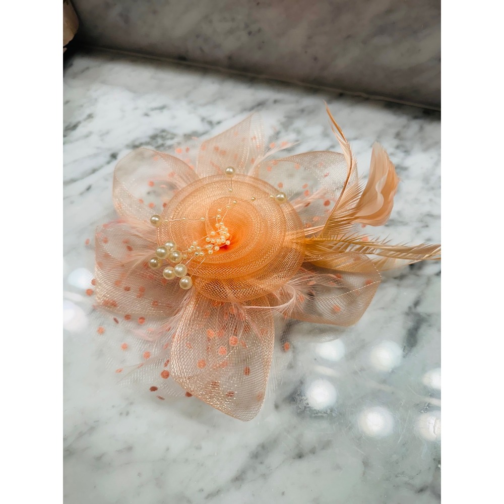 Peach Coral Fascinator Polka Dot Veil Pearl Feather Clip Derby Wedding Hat